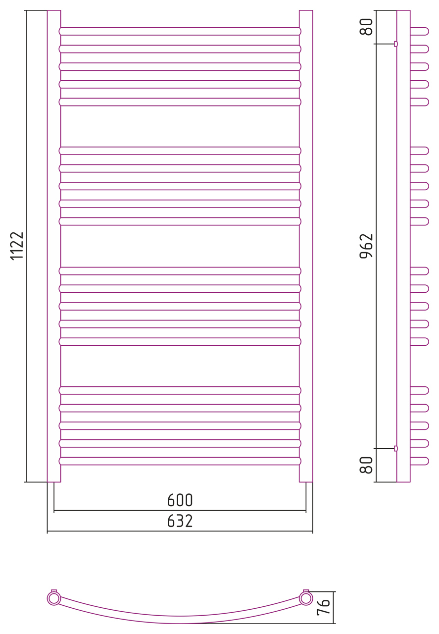 Полотенцесушитель комбинированный Сунержа Богема-ПРОФИ выгнутый 1200x600. 00-5101-1260